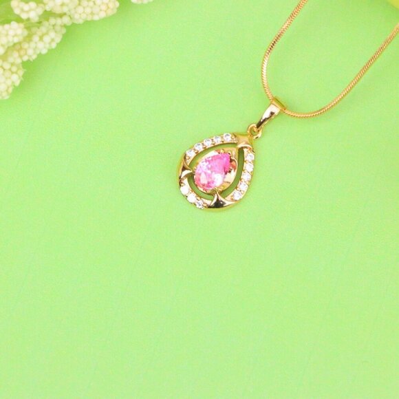 "Teardrop Pink Stone Pendant with Sparkling Accents in Gold Finish, XPPT1799 - Picture 3 of 13